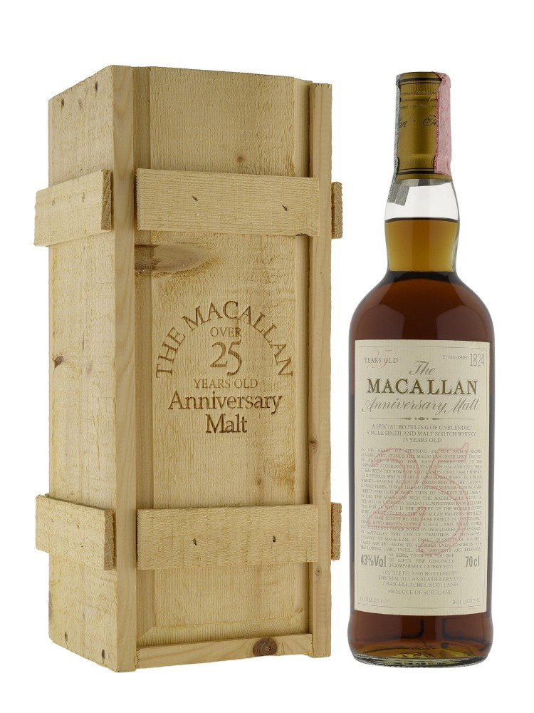 Macallan 1975 25 Year Old Anniversary Malt (bottled 2000) w/wooden box 750ml Macallan 1975 25 Year Old Anniversary Malt (bottled 2000) w/wooden box 750ml